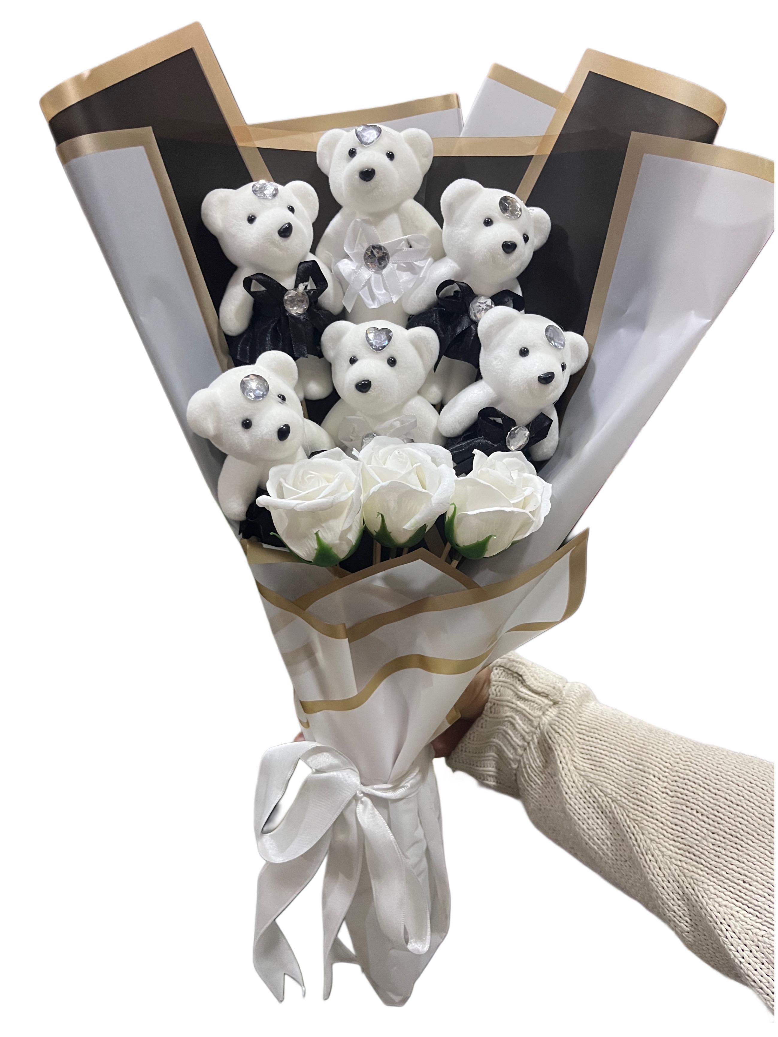 Ayıcık ve yapay gül buketi-Siyah - Uşak Çiçek Evi